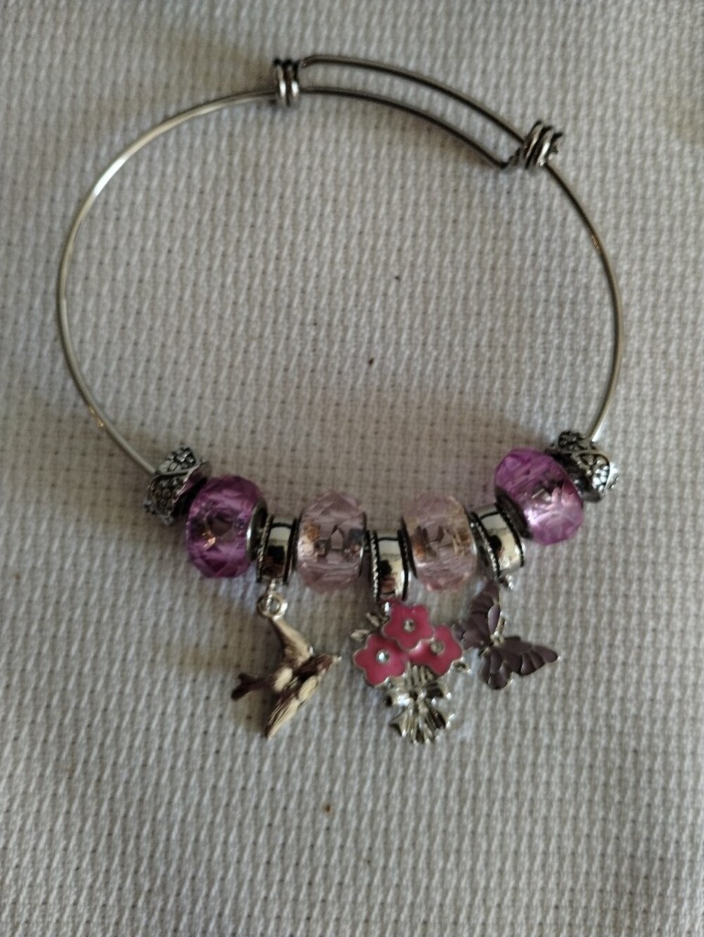 Silver Tone Charm Bangle Bracelet with Pink and Light Purple Beads
